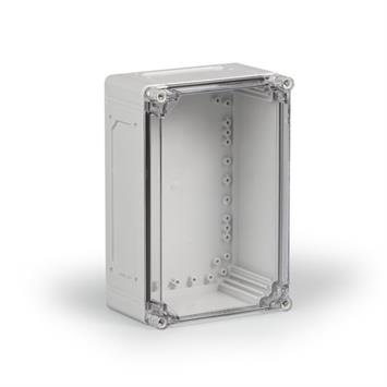 Kunststoffgehäuse PC 200x300x130 / 2xF1+2xF2 Ausbruchöffnungen / Deckel transparent