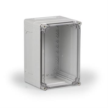 Kunststoffgehäuse PC 200x300x180 / 2xF1+2xF2 Ausbruchöffnungen / Deckel transparent